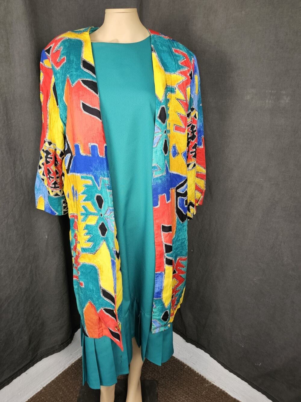 VTG In Cima 20 1/2 Dress Duster Set Teal Abstract Colorblock Art To Wear 90s 2Pc